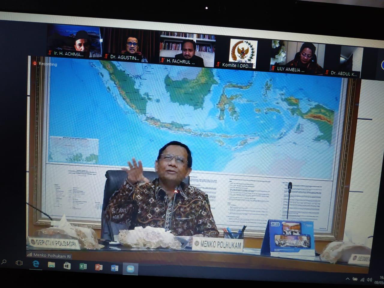 Rapat Kerja Online dengan Menko Polhukam, Senator Aceh Tolak Pemotongan Dana Otsus Aceh 1,4 Triliun