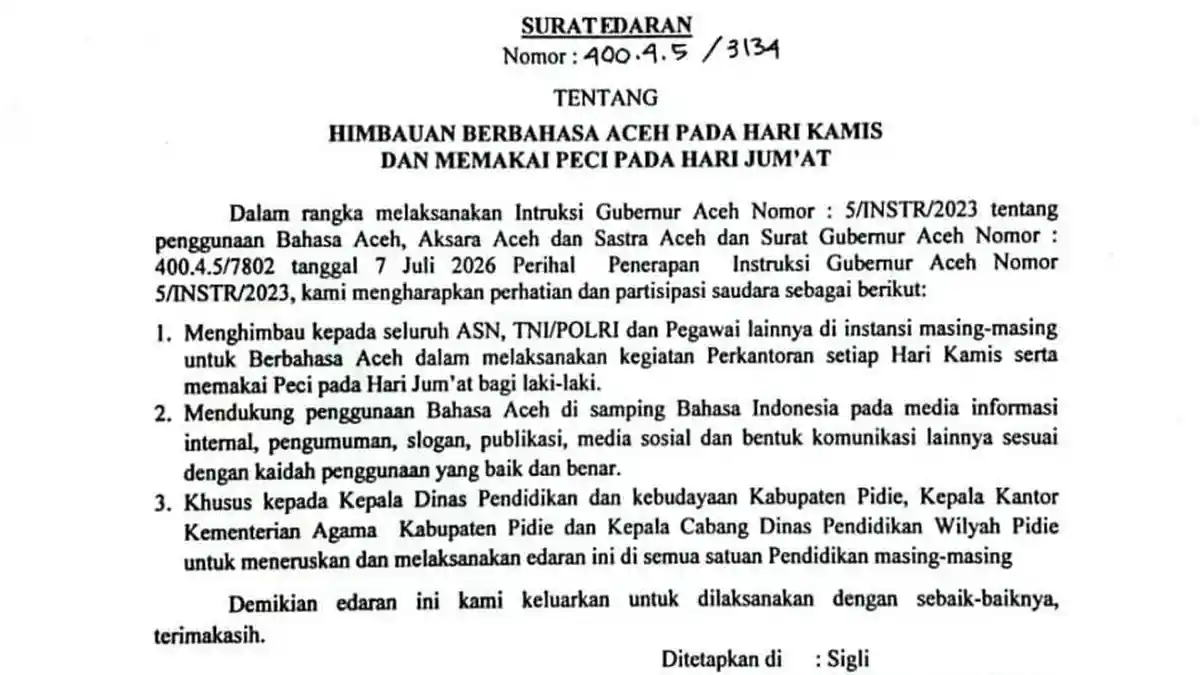 Setiap Kamis ASN hingga TNI-Polri di Pidie Diimbau Berbahasa Aceh